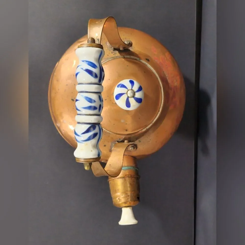 Antique Copper brass teapot with porcelain Delft handle
